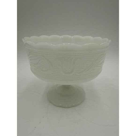 Vtg E.O. Brody Co. Milk Glass Pedestal Trifle Bowl Scalloped Edge Swirl Design - Picture 1 of 6